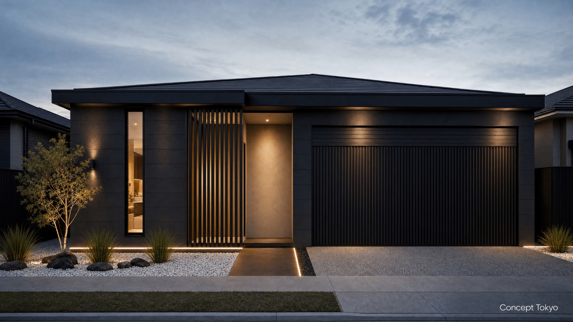 Concept Tokyo dark charcoal facade with timber batten screen at dusk
