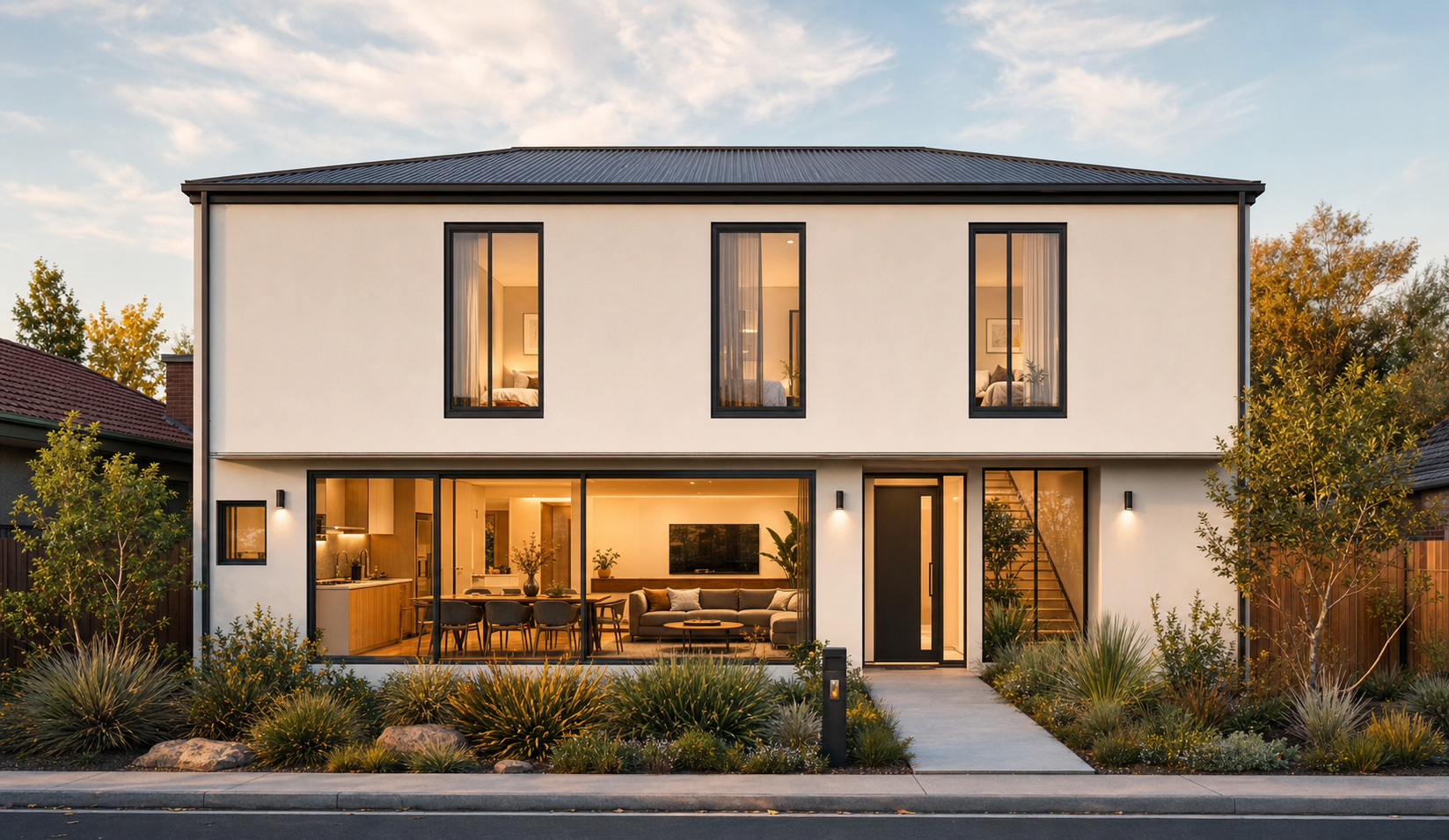 Wide two-storey white rendered co-living residence with large glazed living areas at golden hour