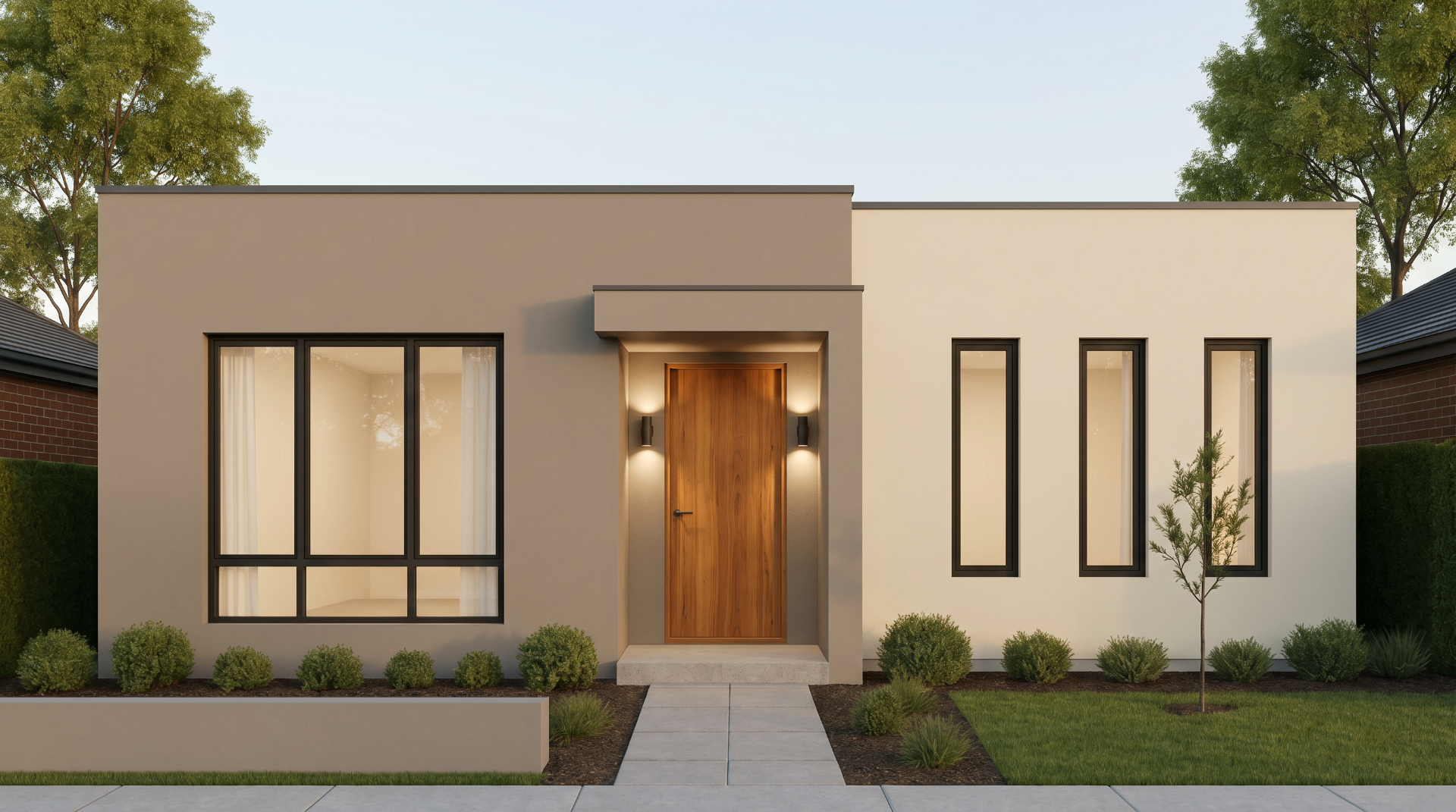 Single-storey warm-toned rendered facade with timber entry door and clipped hedging