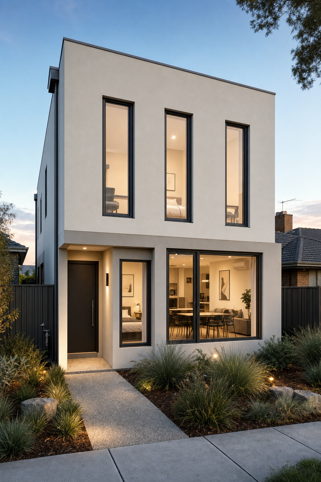 Two-storey rendered co-living townhouse facade with tall black-framed windows at dusk