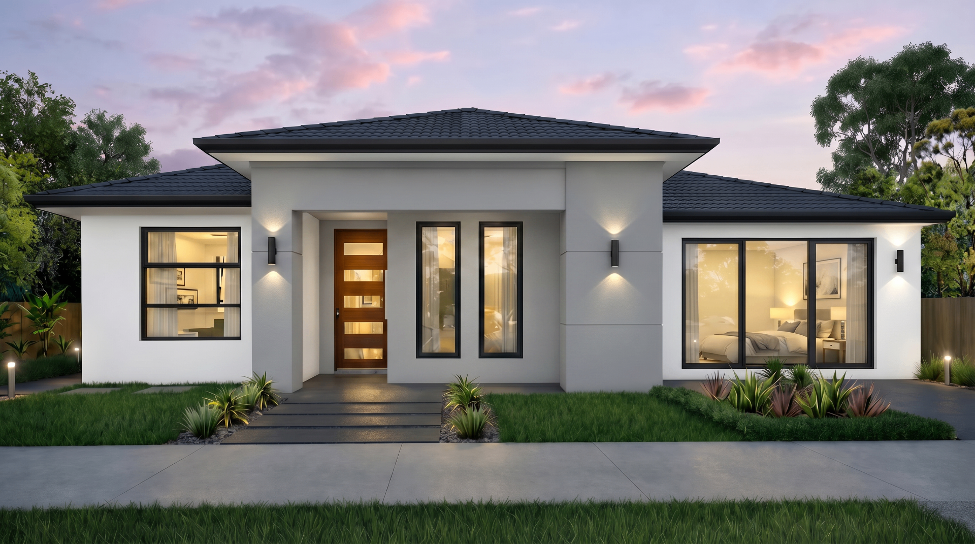 Light grey single-storey facade with hipped tiled roof and landscaped frontage at dusk