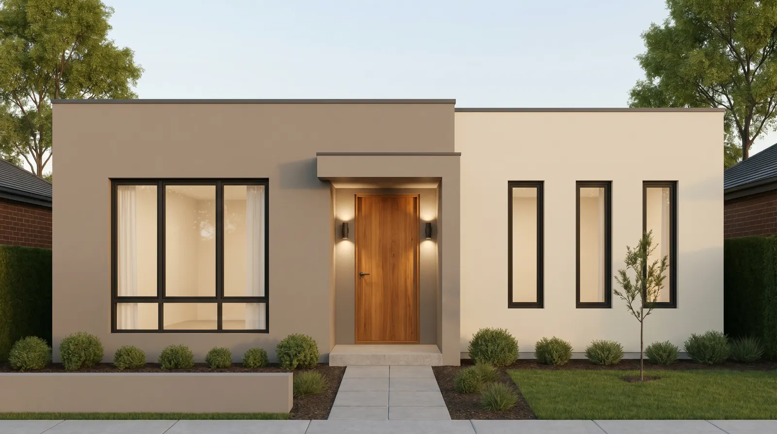 Single-storey warm-toned rendered facade with timber entry door and clipped hedging