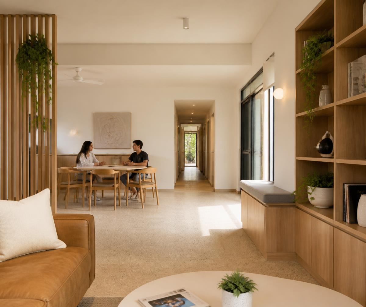 Shared living and dining area in a purpose-built co-living home with oak joinery