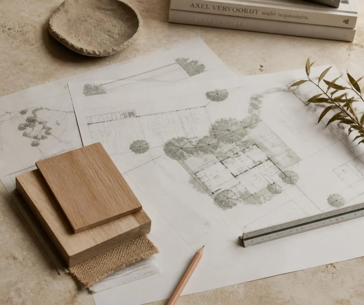 Site plan drawings, scale ruler and timber samples on a limestone table