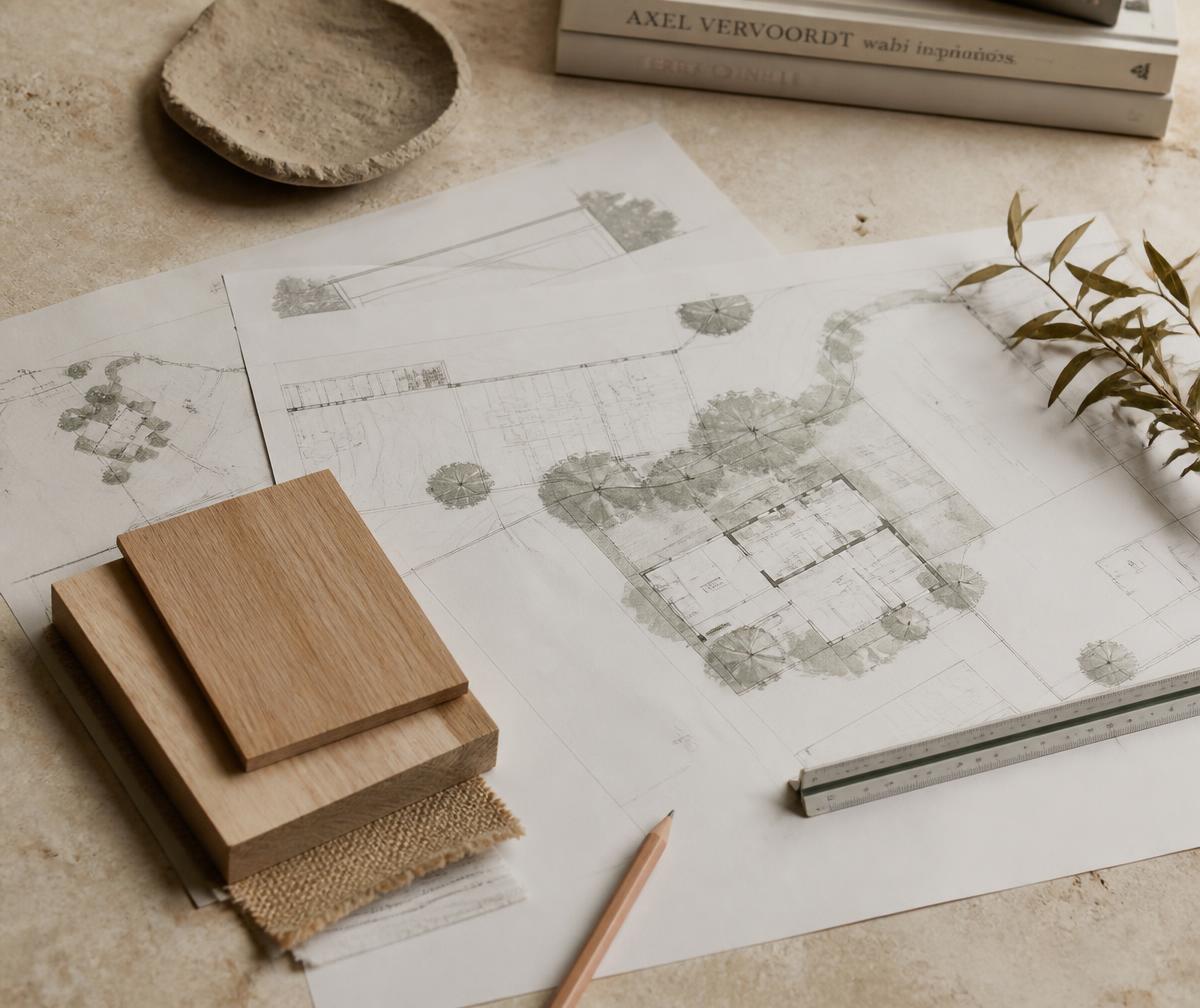 Site plan drawings, scale ruler and timber samples on a limestone table